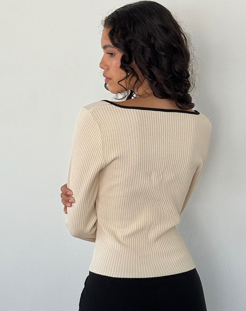 Image of Juhye Gestricktes langärmeliges Top in Beige mit schwarzer Bindung