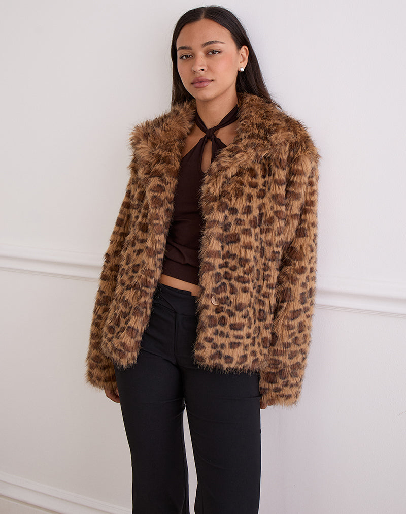 Bild von Joji Crop Kunstpelz Jacke in Braun Leopard