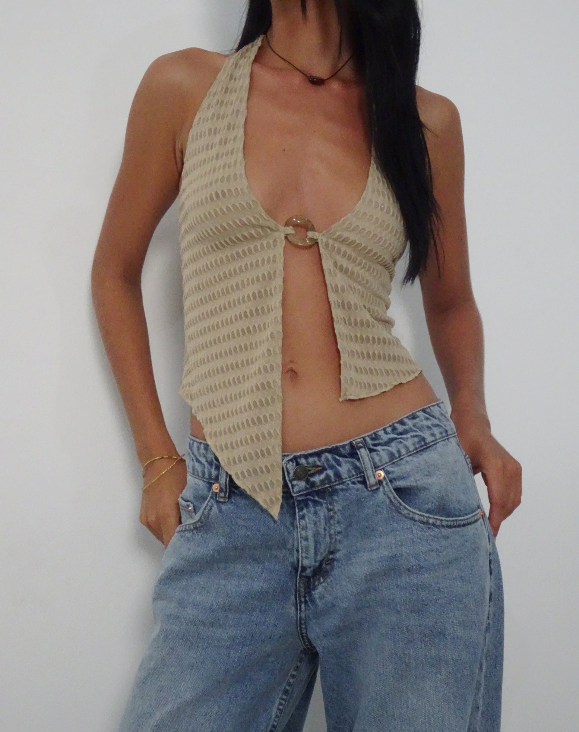 Image of Kacie Waffelstrick Neckholder Butterfly Top in Hafer