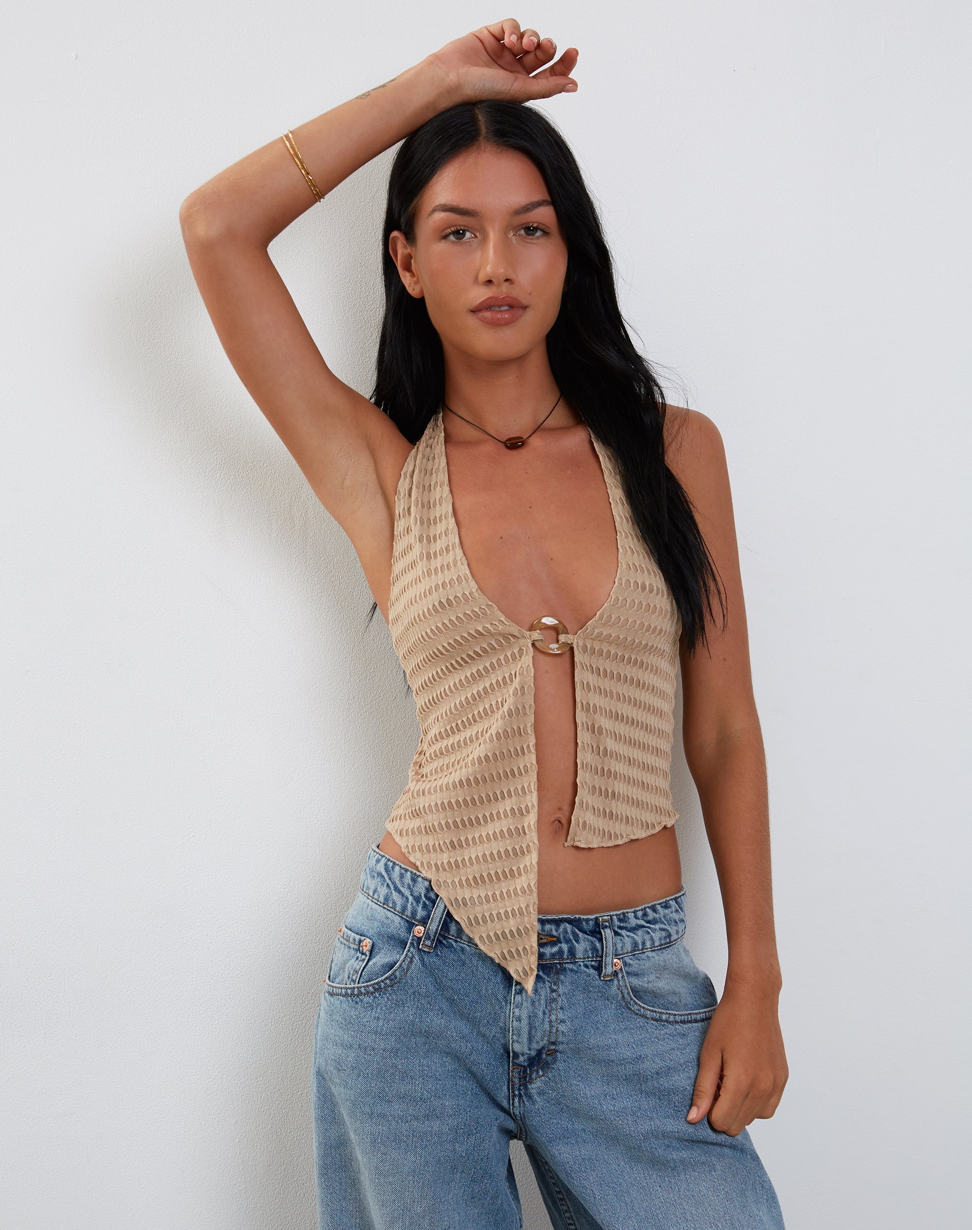 Image of Kacie Waffelstrick Neckholder Butterfly Top in Hafer