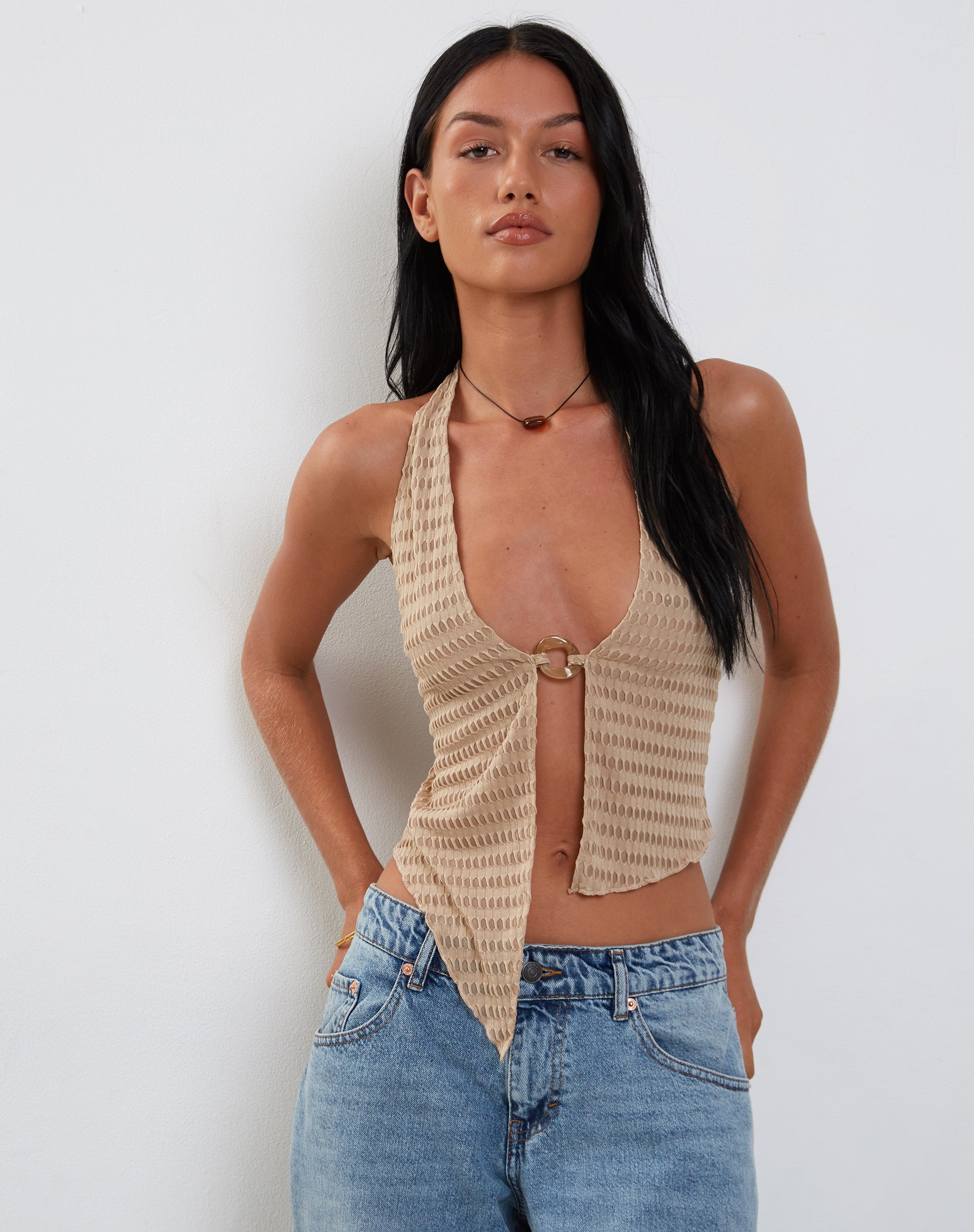 Image of Kacie Waffelstrick Neckholder Butterfly Top in Hafer