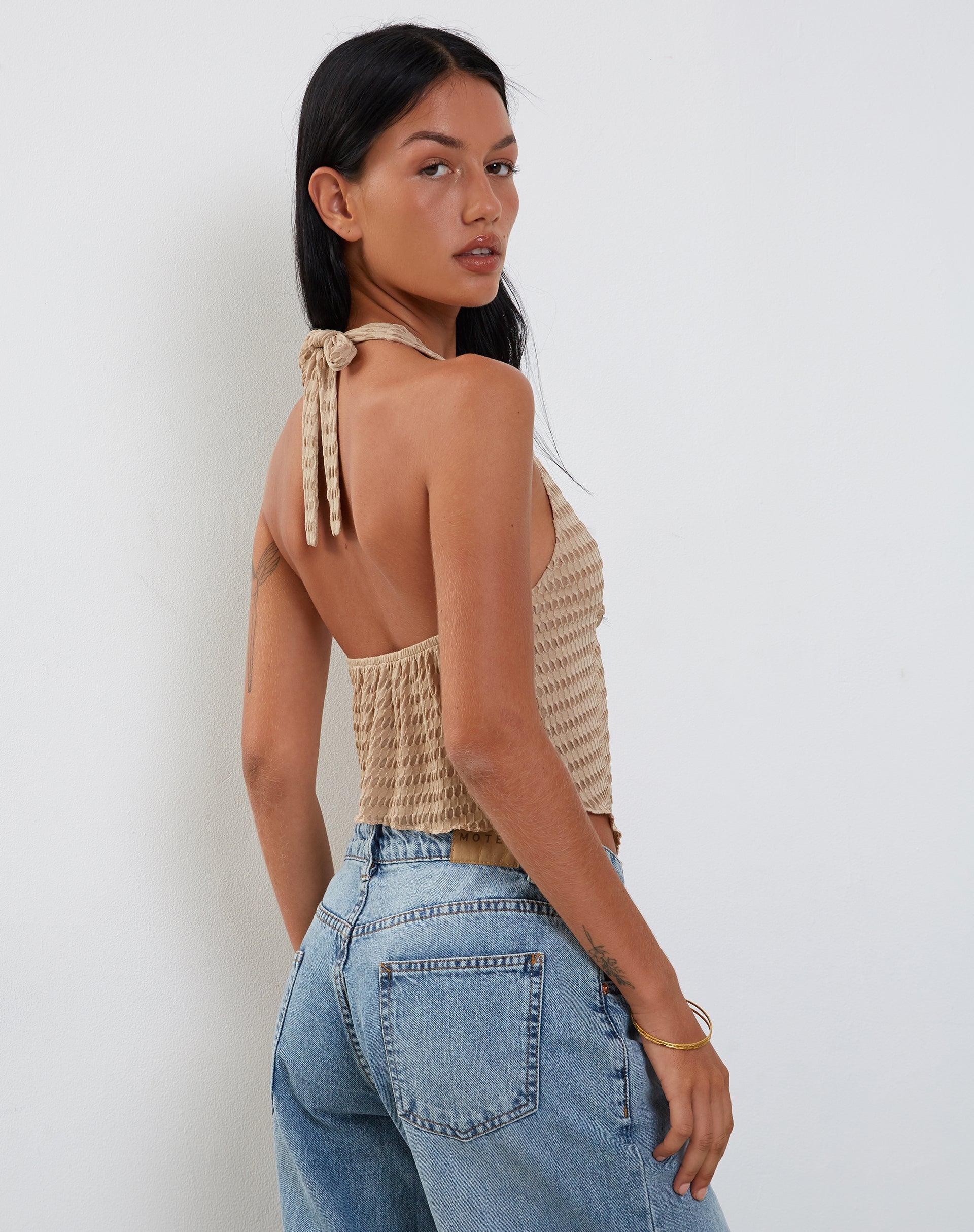 Image of Kacie Waffelstrick Neckholder Butterfly Top in Hafer