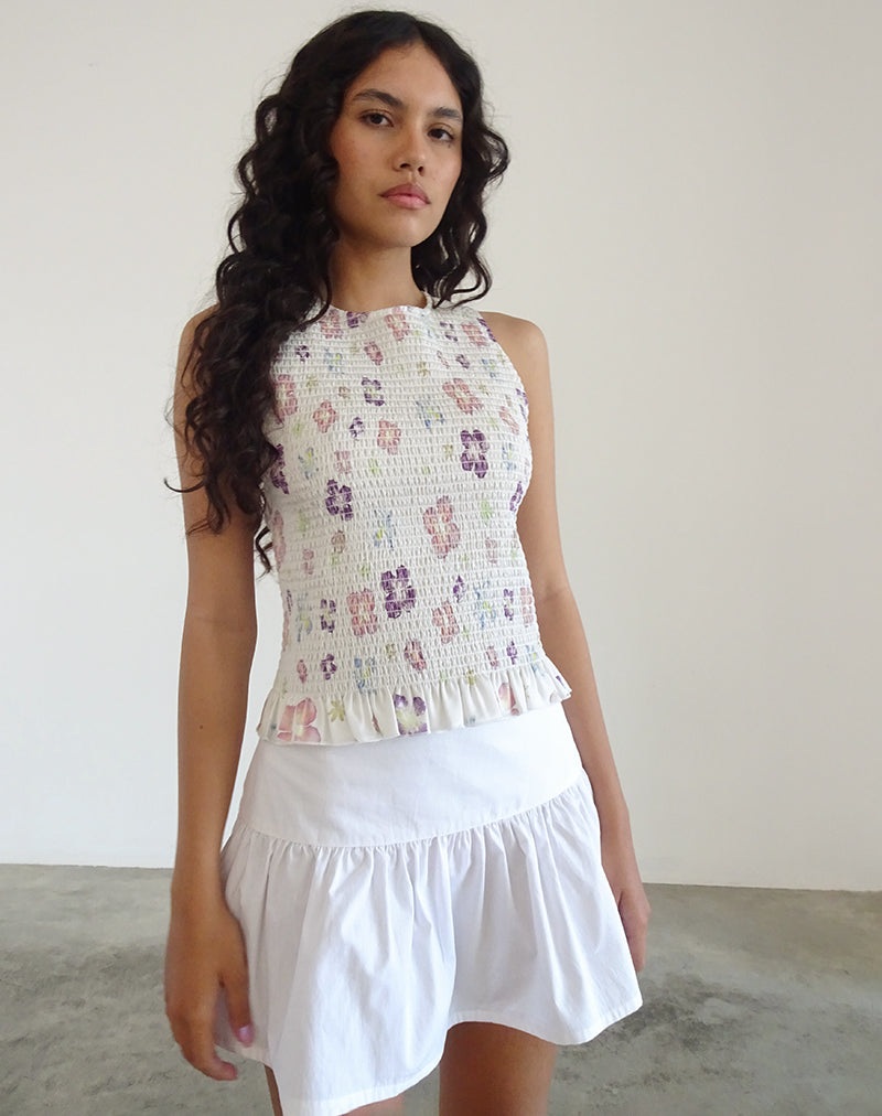 Kagumi Gerafftes Top in Blumenstempel Lila