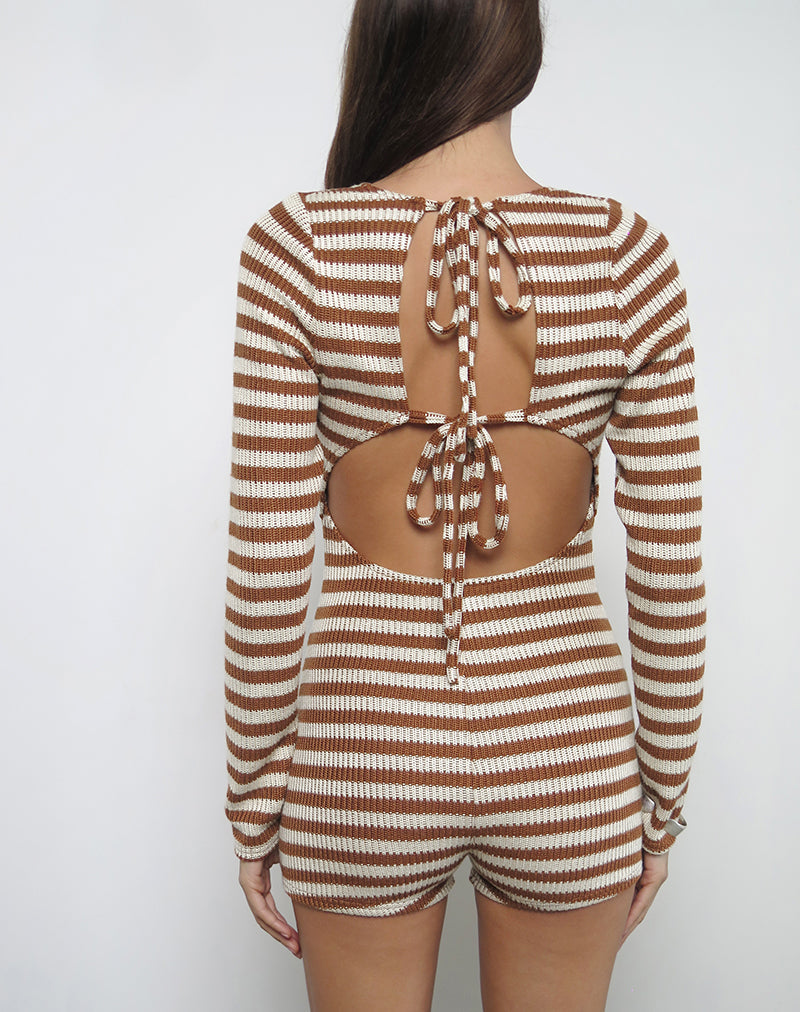 Bild von Kaipo Tie Back Playsuit in Braun-Elfenbein gestreift