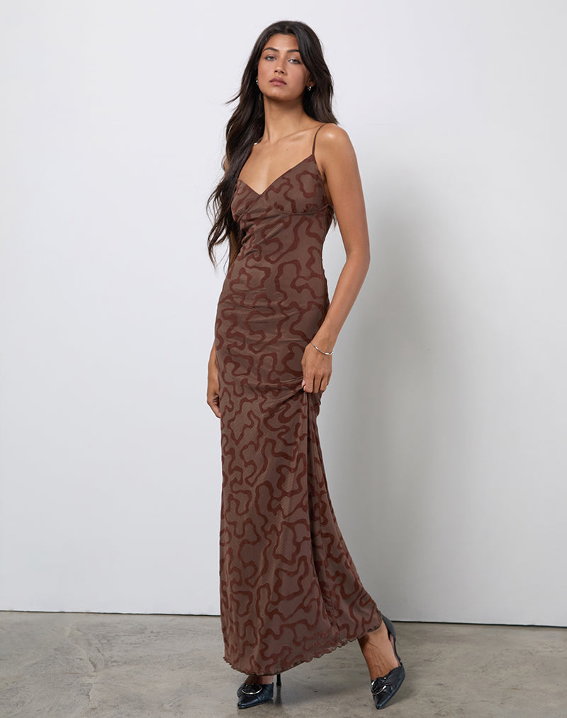 Kalana Maxikleid in Braun Swirl Flock