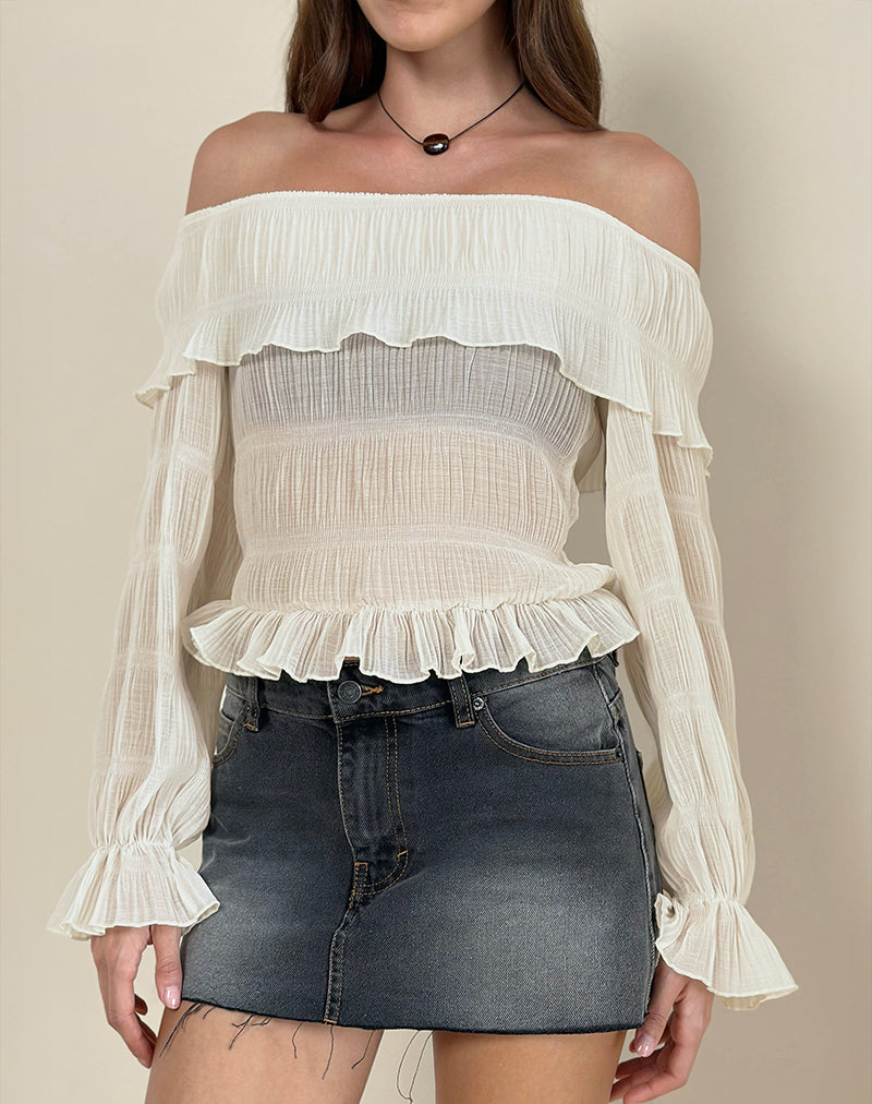 Image of Kalena Langärmeliges Bardot-Top aus Chiffon Plissee Elfenbein