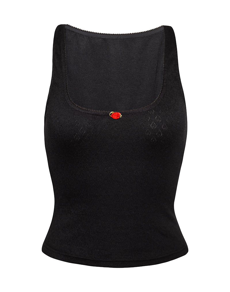 Image of Kalinda Top aus schwarzem Pointelle mit Rüschenbesatz