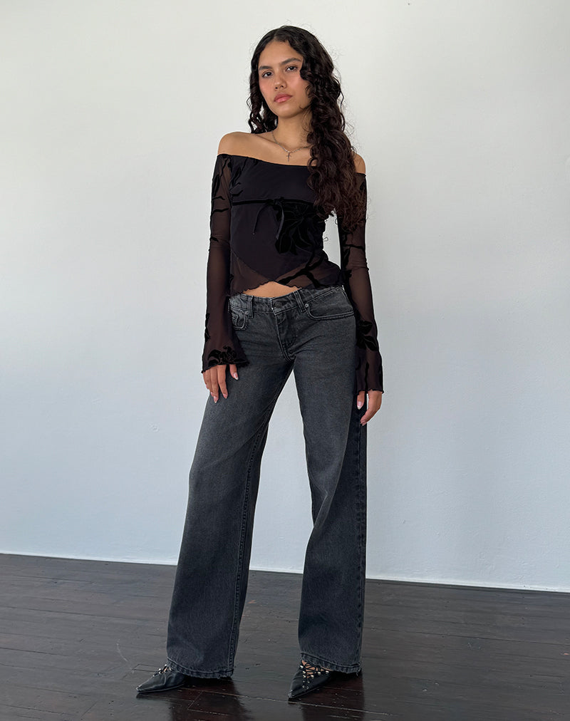 Image of Kareena Langärmeliges Bardot-Top aus Orchideenflock Schwarz