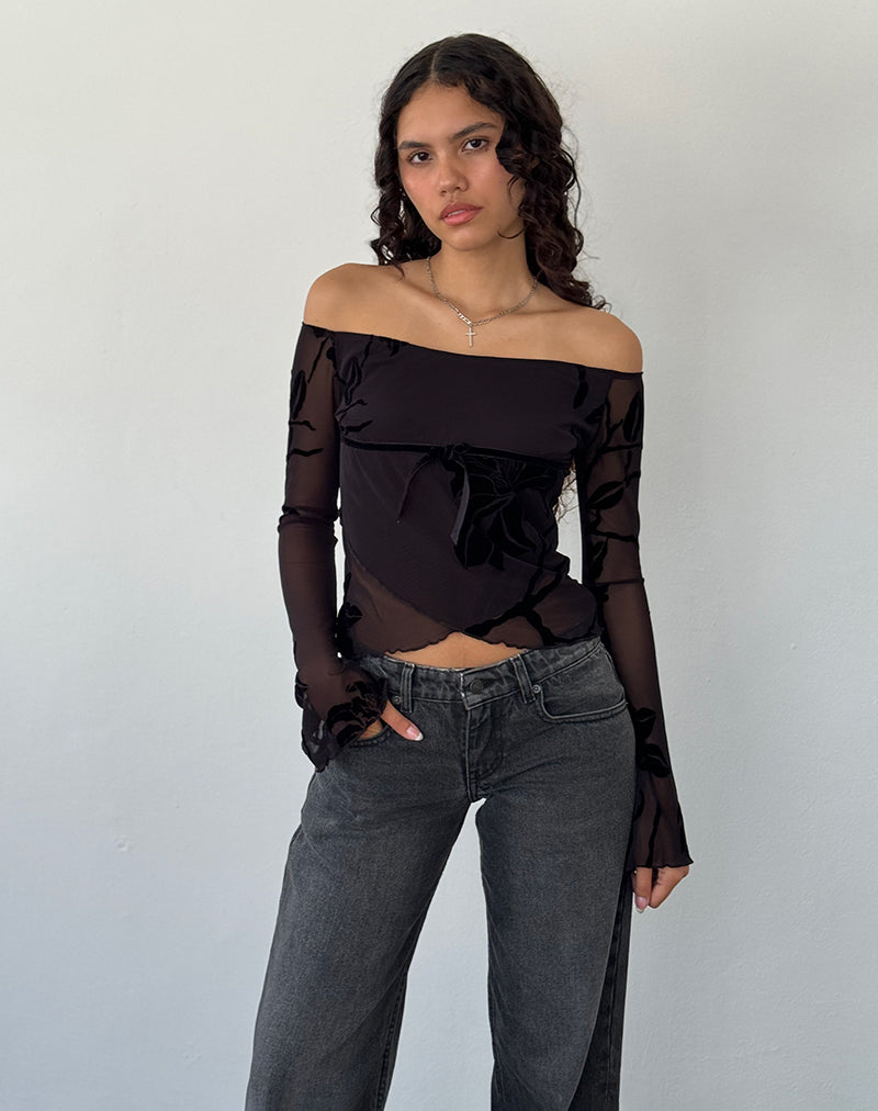 Image of Kareena Langärmeliges Bardot-Top aus Orchideenflock Schwarz