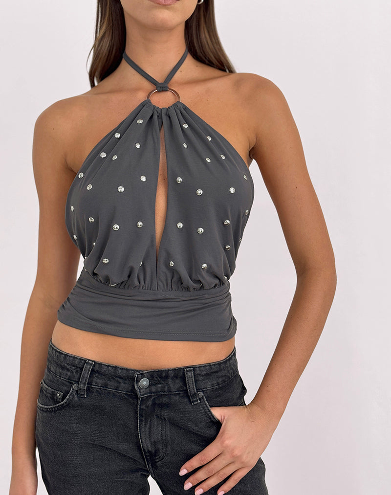 Karise Plunge Top in Cupro Charcoal Grey