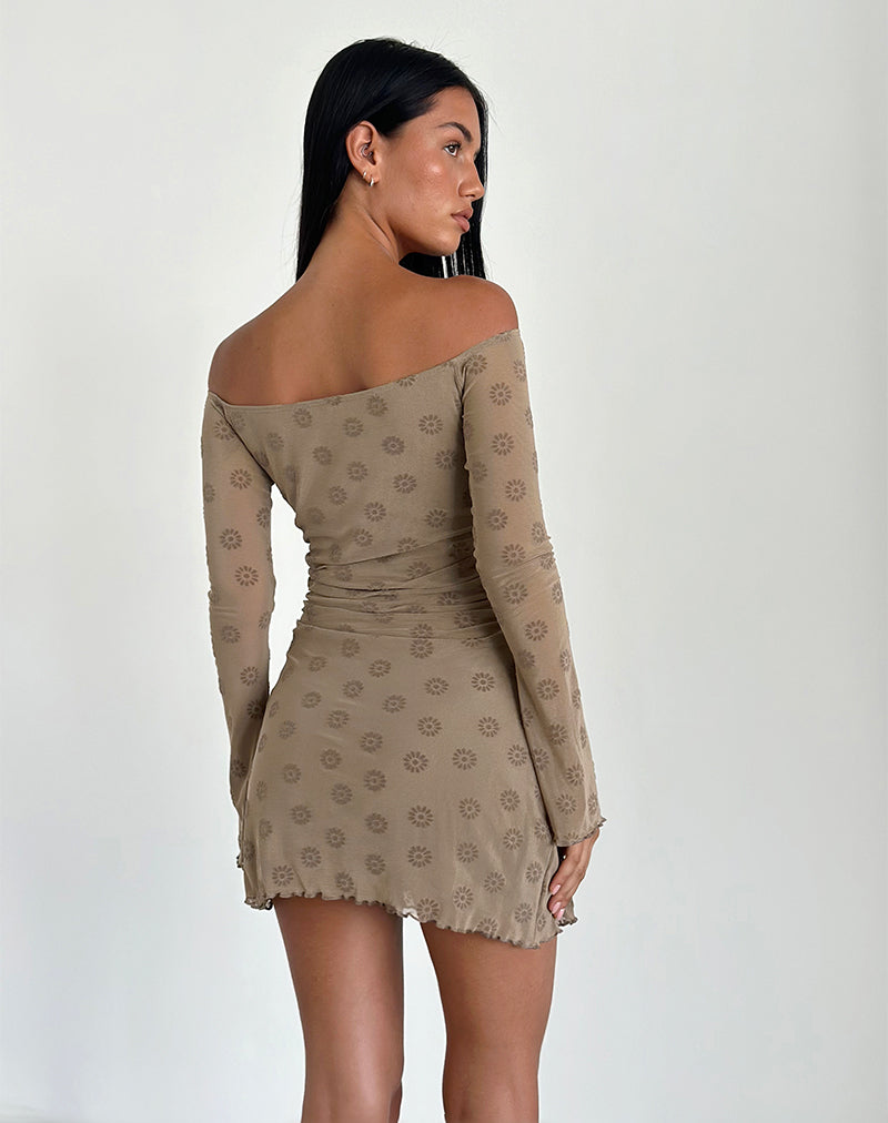Image of Kausar Off Shoulder Mini Dress in Daisy FLock Hellbraun