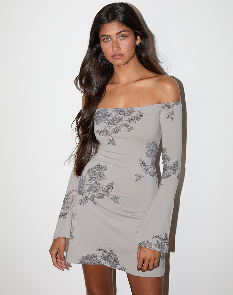 Kausar Schulternahes Minikleid aus Spitze mit Blumen Grau
