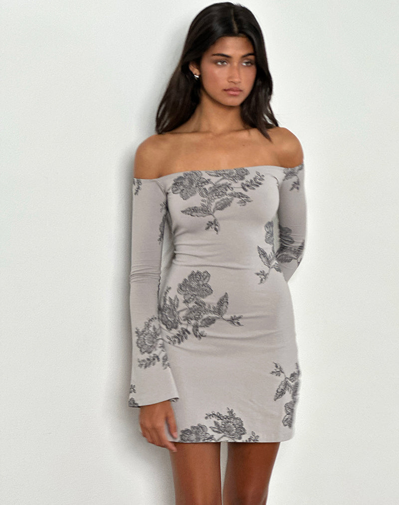 Image of Kausar Schulternahes Minikleid aus Spitze mit Blumen Grau