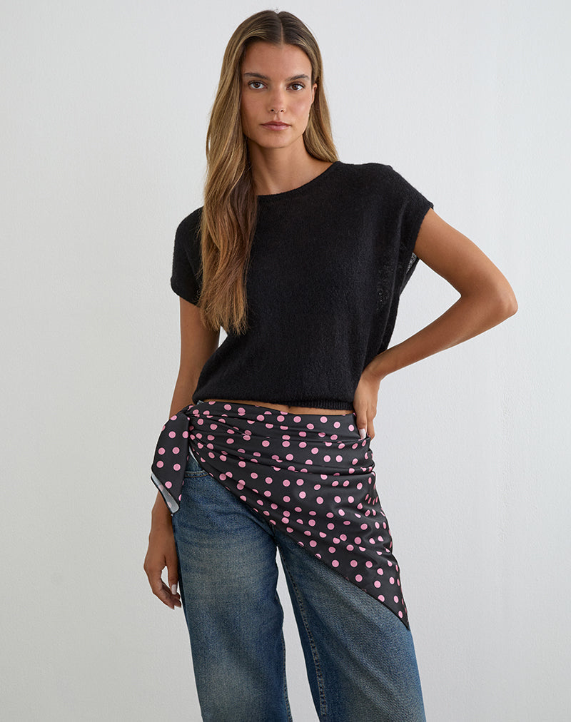 Kavra-Schal aus schwarzem Satin mit rosa Polka-Punkten