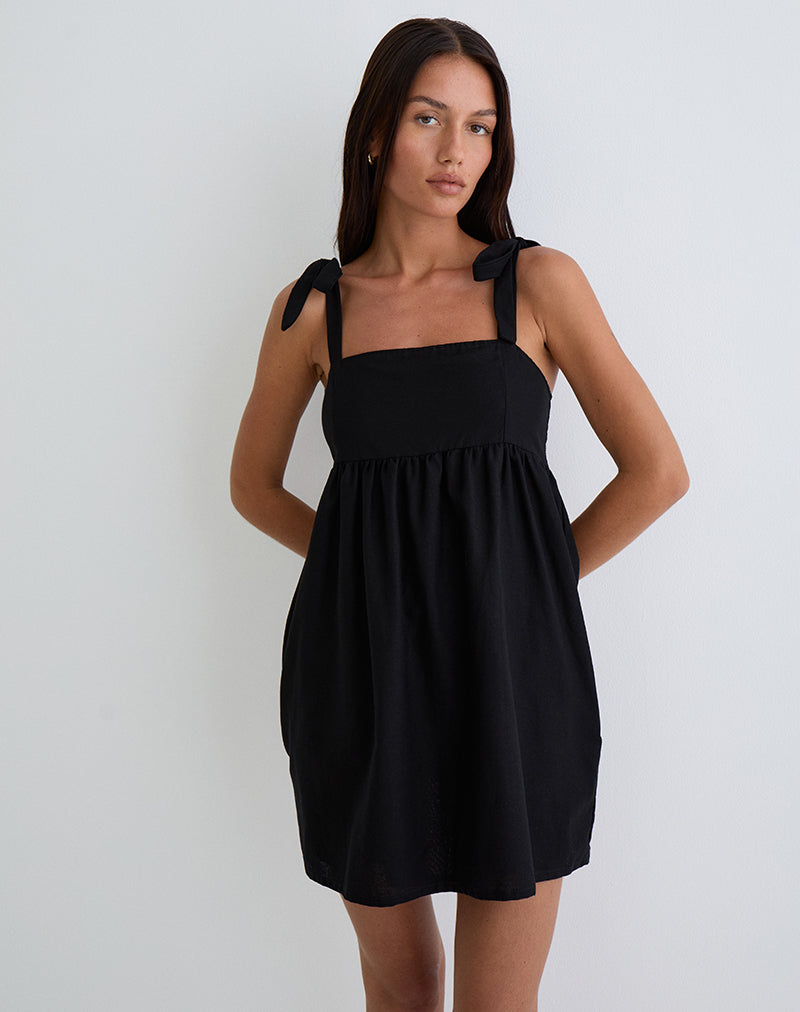 Image of Kayla Minikleid mit quadratischem Ausschnitt aus Leinen Schwarz