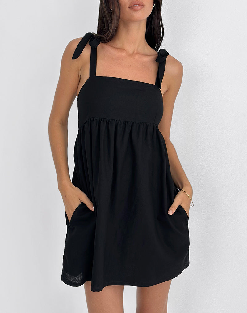 Image of Kayla Minikleid mit quadratischem Ausschnitt aus Leinen Schwarz