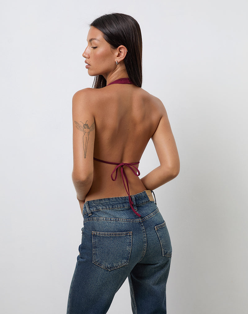Image of Kayria Krawatten-Top in Burgund mit Blumenstickerei