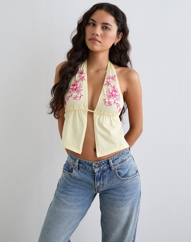 Kayria Krawatten-Top in Zitrone mit rosa Blumenstickerei