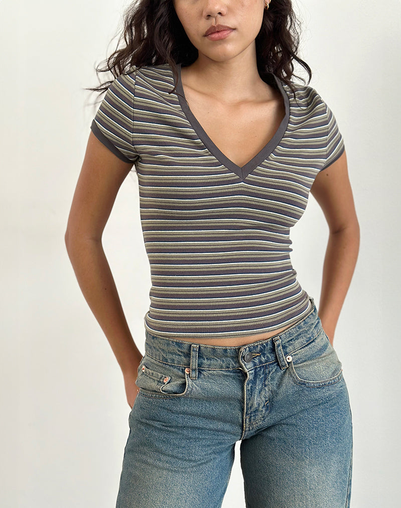 Keiko Top aus gestreiftem Jersey Braun Army