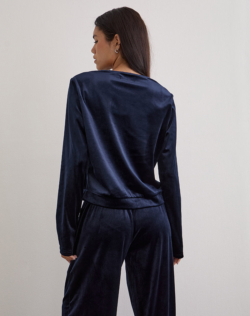 Image of Kellen Strickjacke mit Knopfleiste aus Velours in Navy
