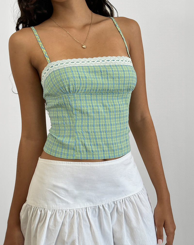 Kinaya Cami Top in blau-gelbem Karo