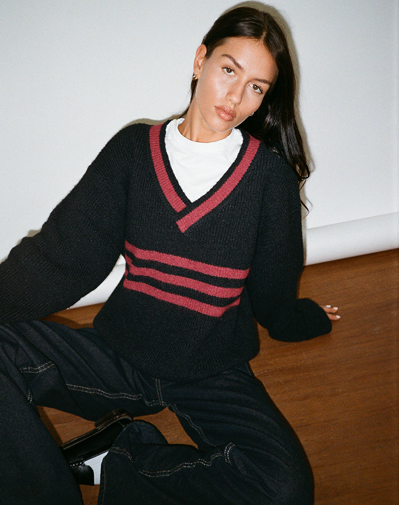 Image of Knitza Pullover in Schwarz mit roten Streifen
