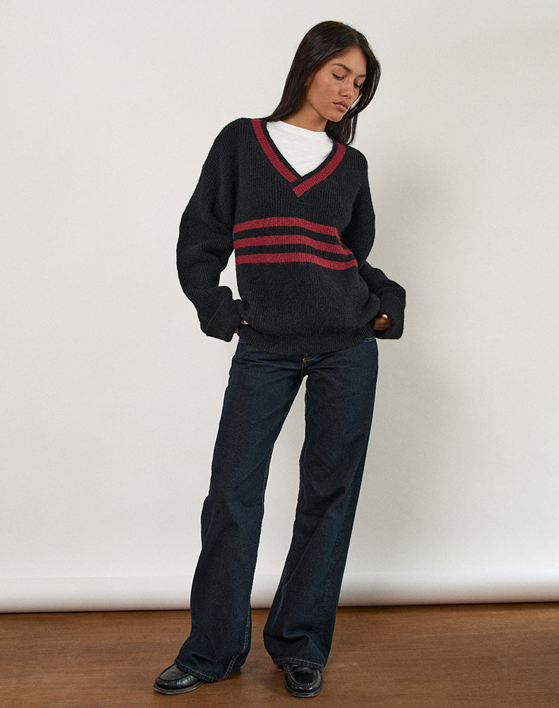 Image of Knitza Pullover in Schwarz mit roten Streifen