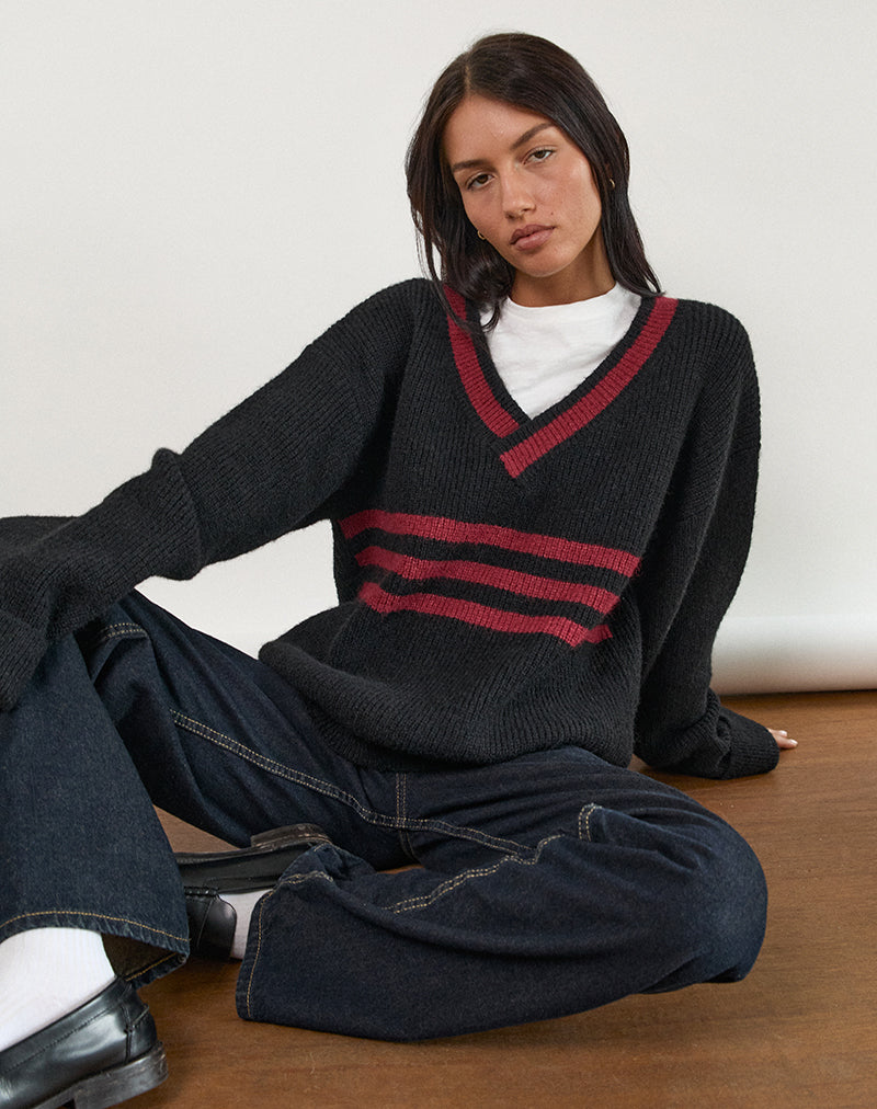 Image of Knitza Pullover in Schwarz mit roten Streifen