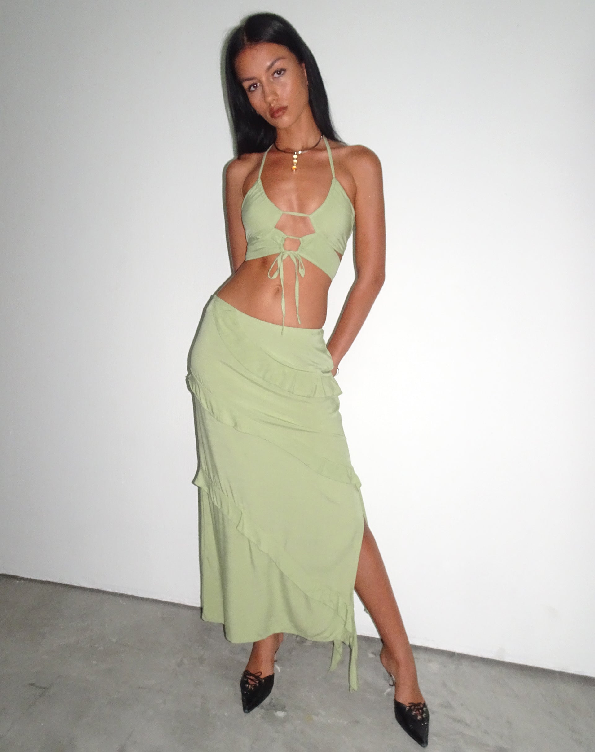 Bild von Varena Low Rise Rüschen Maxirock in Mint Sage