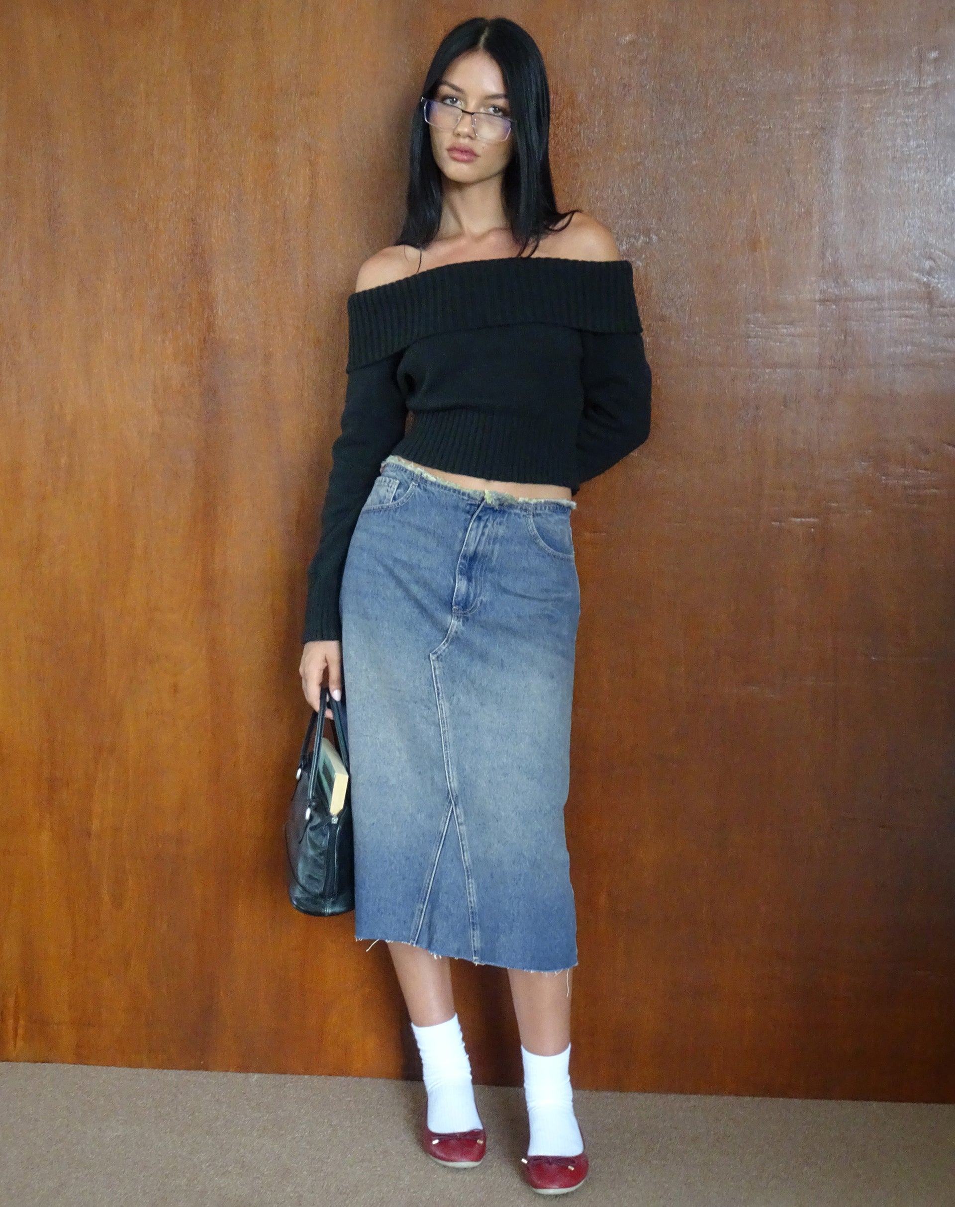 Bild von Low Rise Denim Midirock in Vintage Blau Grün
