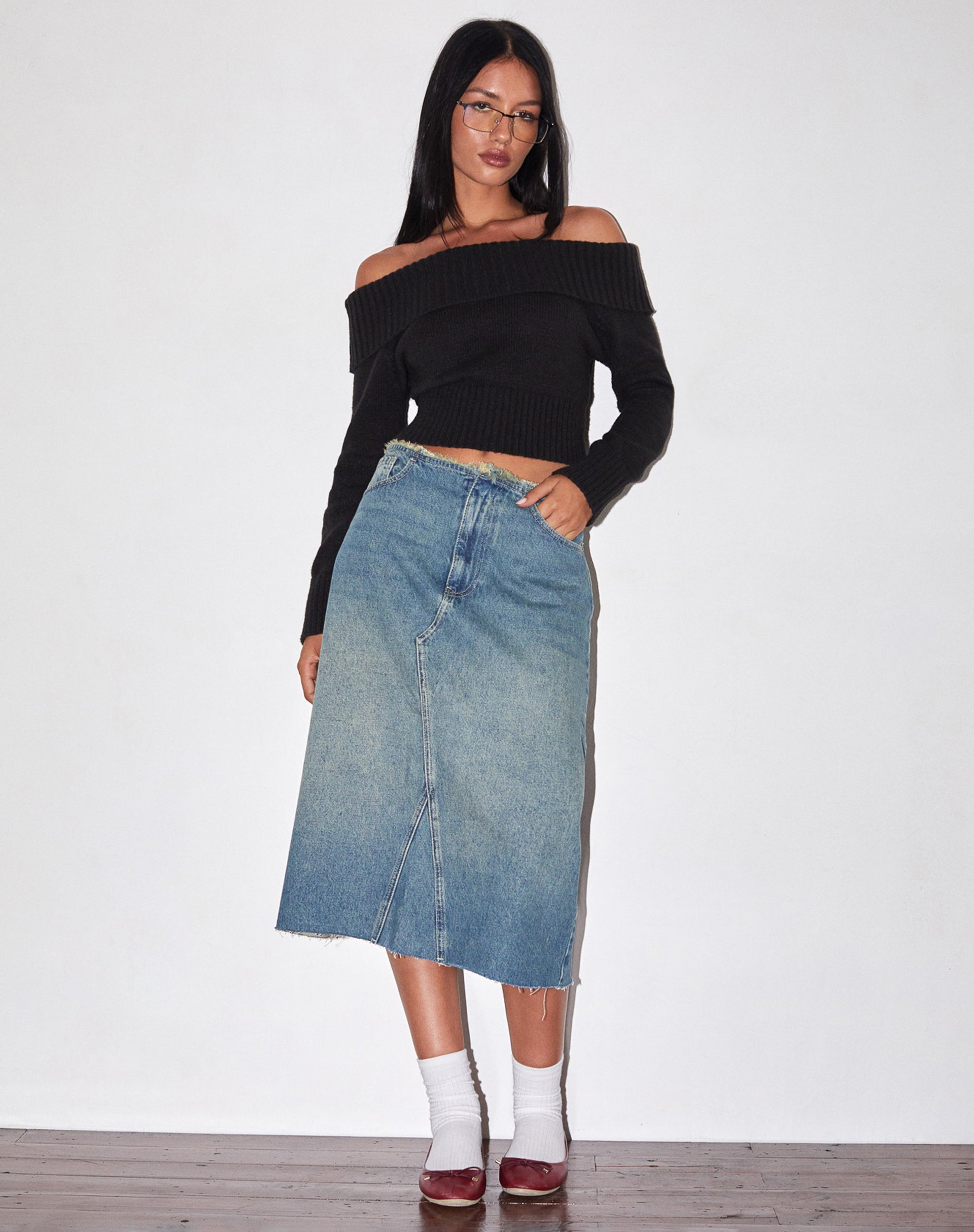 Bild von Low Rise Denim Midirock in Vintage Blau Grün