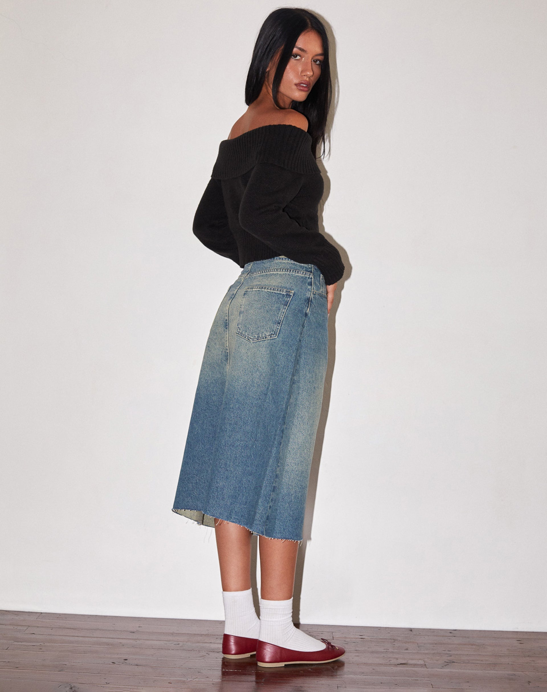 Bild von Low Rise Denim Midirock in Vintage Blau Grün