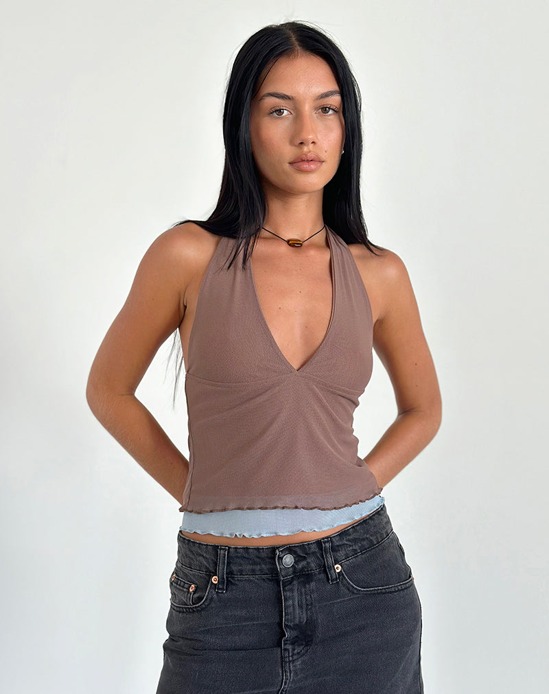 Kubra Neckholder-Top in Mesh Braun und Hellblau