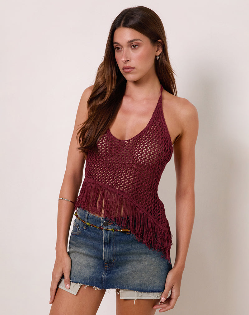 Bild von Kulmina Asymmetrisches Neckholder-Top mit Fransen Beere