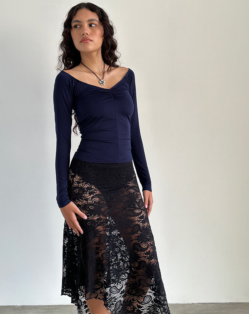 Kaisley Langarm-Top mit geraffter Front in Navy
