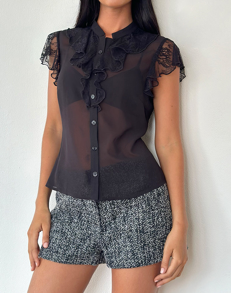 Lada Bluse aus schwarzem Chiffon mit Spitzenbesatz