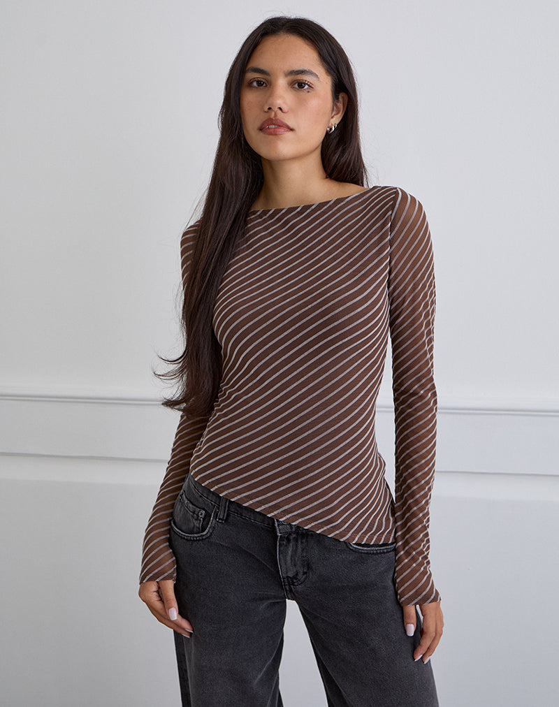 Image of Lakya Langarm-Top mit diagonalen Streifen beflockt Braun und Creme