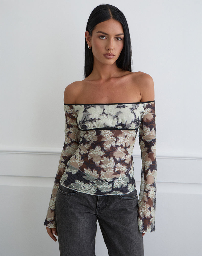 Laluna Top in Silhouette Leaf Elfenbein Schwarz