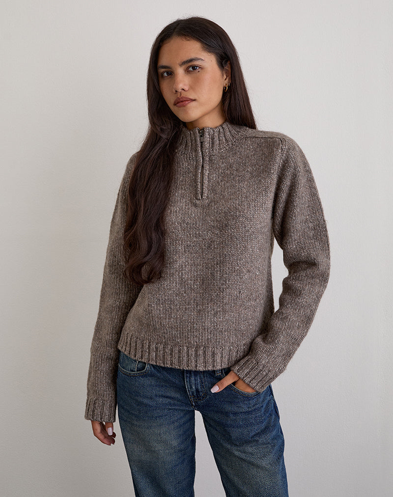 Lamara Quater Zip Pullover in Dunkelbraun Marl