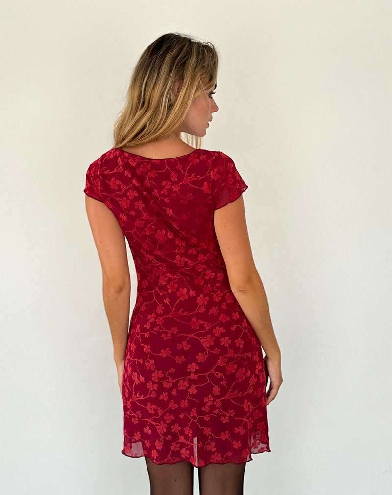 Image of Lashka Minikleid in Rot Grunge Floral Flock