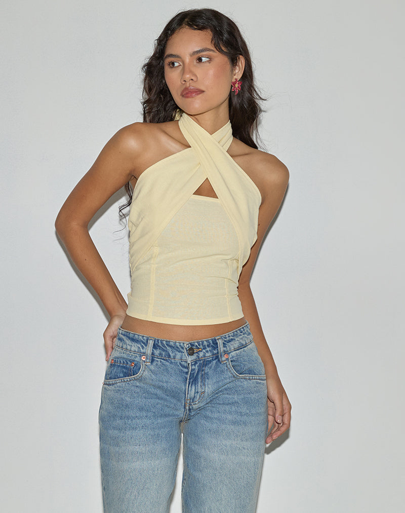Image of Lasy Leinen Wrap Neckholder Top in Lemon