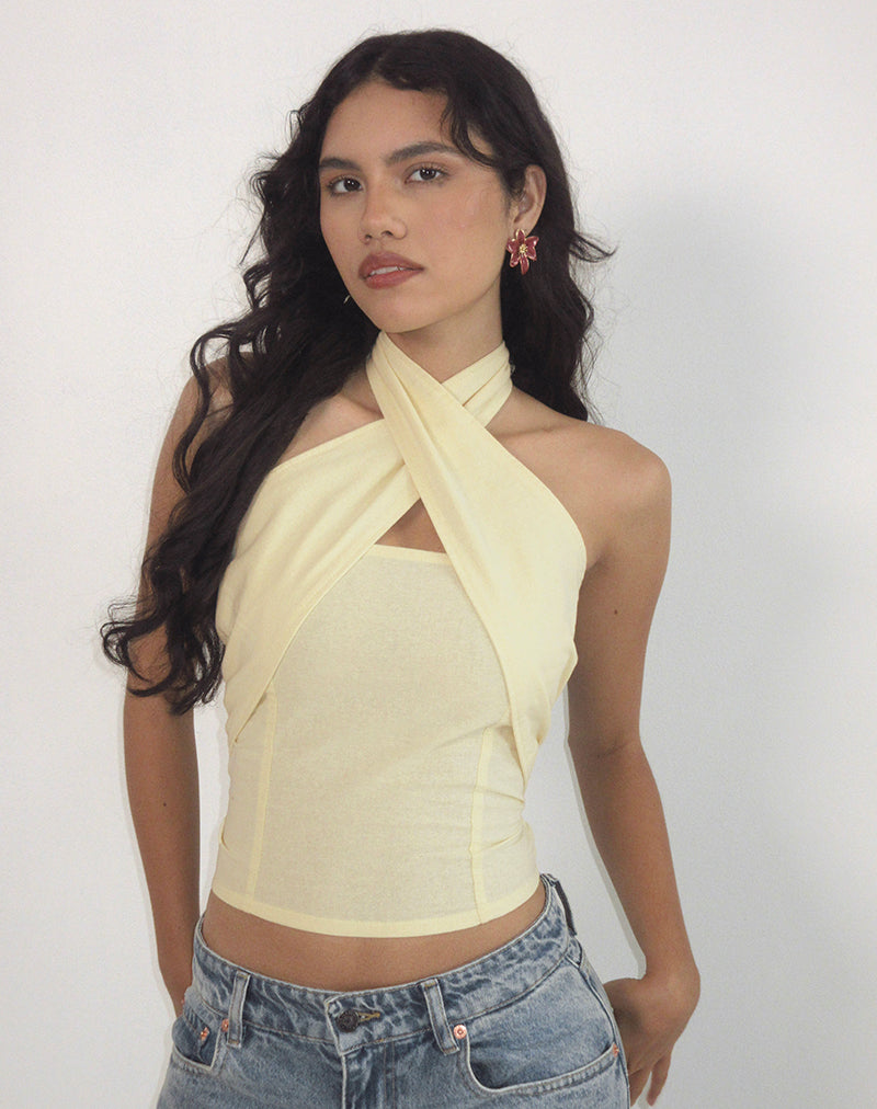 Image of Lasy Leinen Wrap Neckholder Top in Lemon