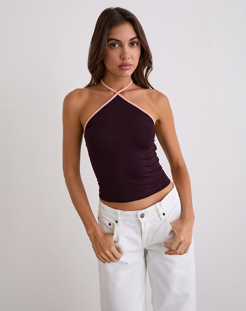 Image of Lay Neckholder-Top in Redwood mit rosa Lady-Bindung