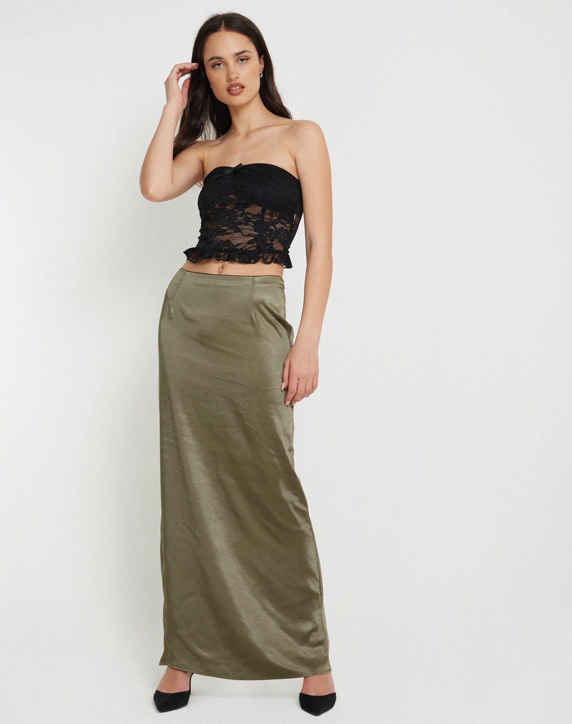 Bild von Layla Maxirock aus Satin Dunkel-Olive