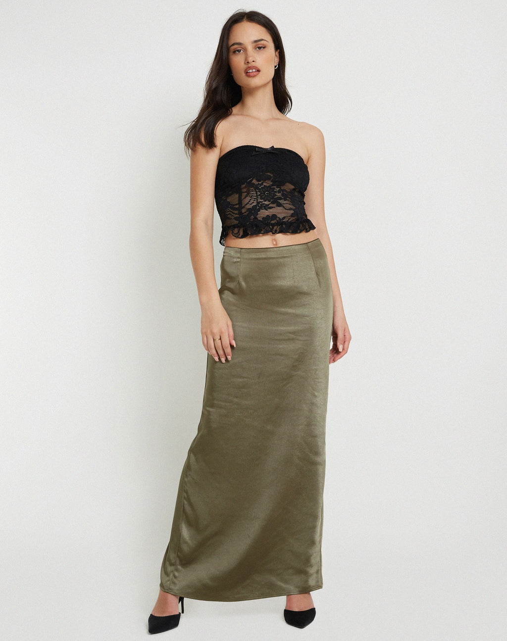 Layla Maxirock aus Satin Dunkel-Olive