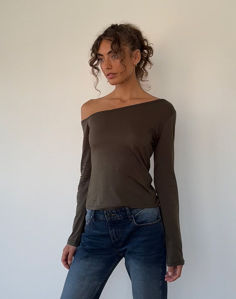 Image of Ledez Asymmetrisches Schlabber-Top aus olivem Tissue-Jersey