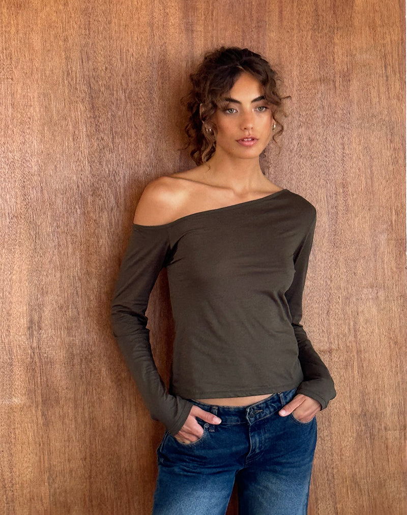 Image of Ledez Asymmetrisches Schlabber-Top aus olivem Tissue-Jersey