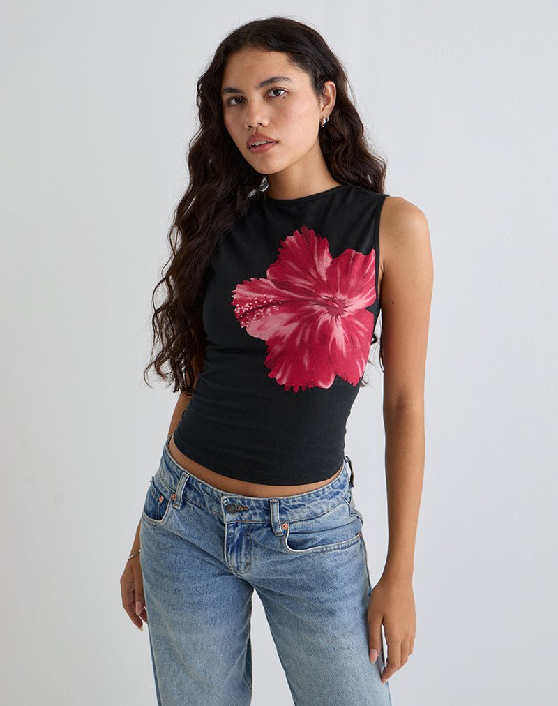 Leen Top in Schwarz Hibiskusblüte Rosa