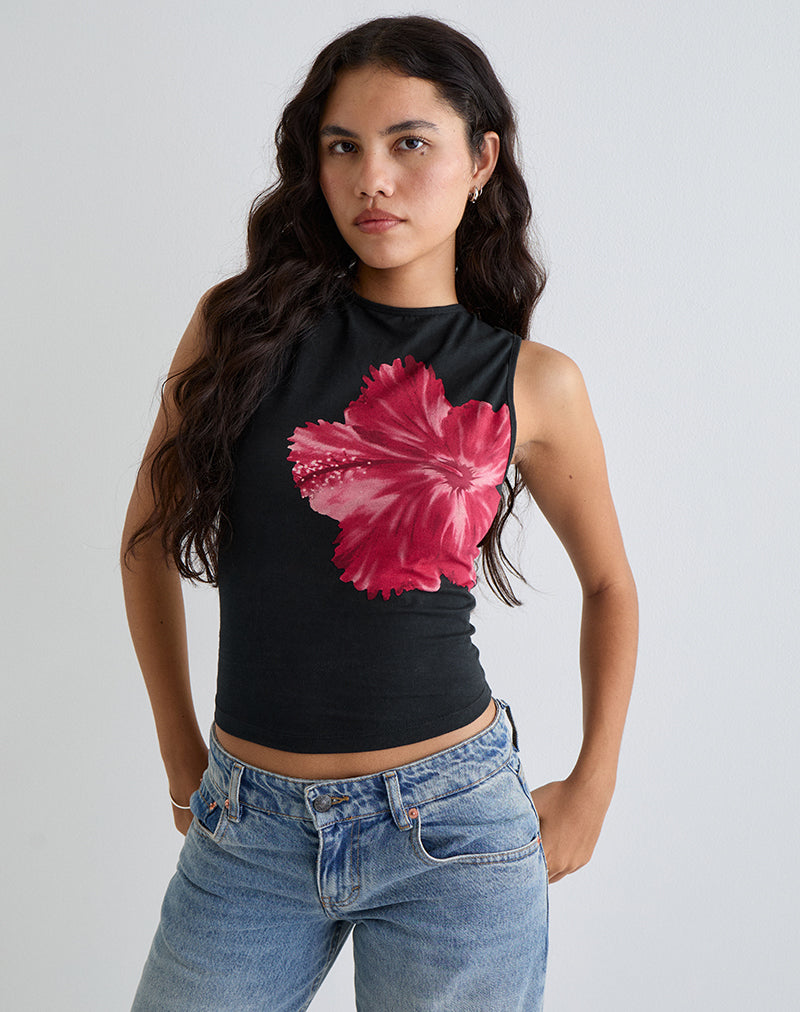 Image of Leen Top in Schwarz Hibiskusblüte Rosa