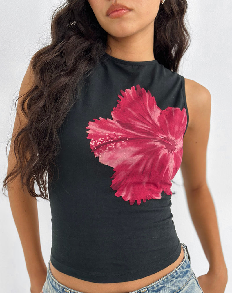 Leen Top in Schwarz Hibiskusblüte Rosa